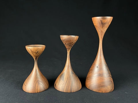 Candle Holder Set Sculptural Wood Form Warm Brown Walnut Finish Trio