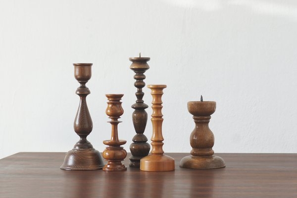 Candle Holder Set Sculptural Wood Turned Varying Heights Natural