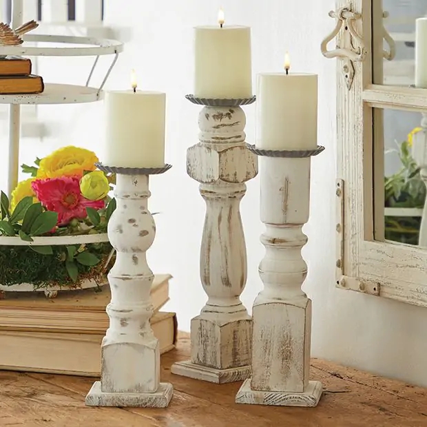 Candle Holder Set Shabby Chic Heavily Distressed White Spindle Pillars