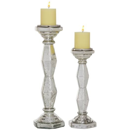 Candle Holder Set Silver Mercury Glass Pedestal Staggered Heights