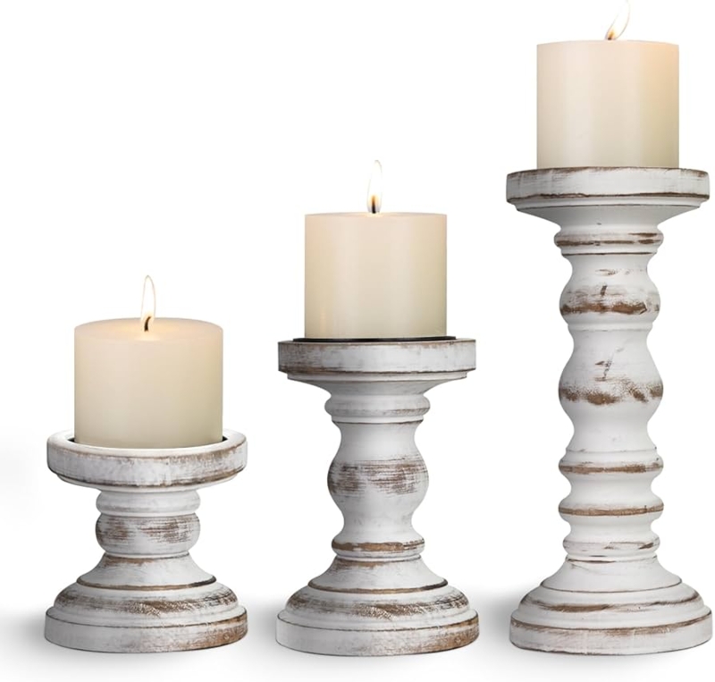 Candle Holder Set Spindle Silhouette Distressed Whitewash Rustic