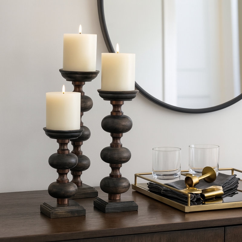 Candle Holder Set Stacked Wood Geometric Pillar Holders