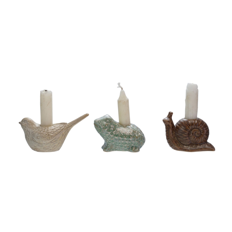 Candle Holder Set Stoneware Animal Shaped Matte Finish Earthy Accents