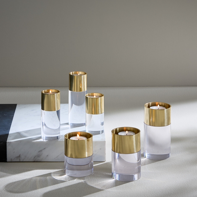 Candle Holder Set Thick Acrylic Blocks Brass Accent Trio