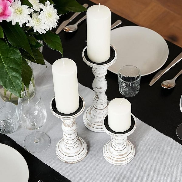 Candle Holder Set Tiered Heights Whitewashed Distressed Spindle