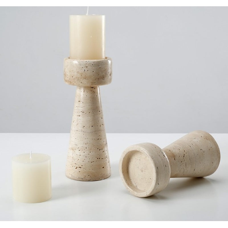 Candle Holder Set Travertine Appearance Porous Stone Texture Pillars