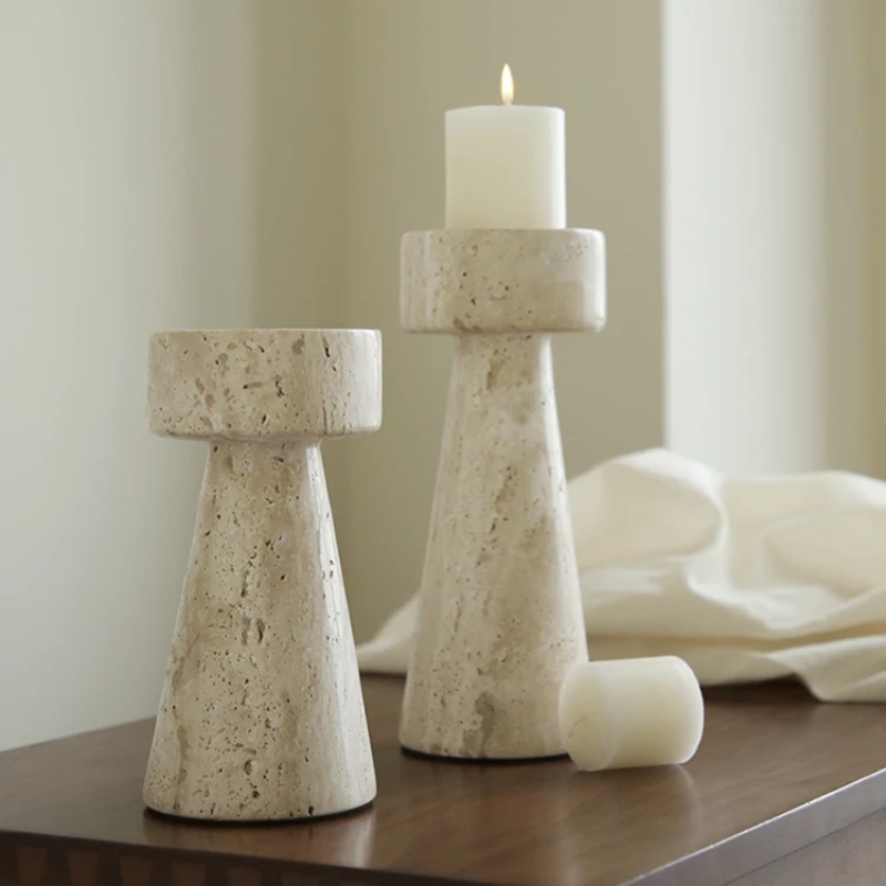 Candle Holder Set, Travertine Texture, Staggered Stone Pillar Set