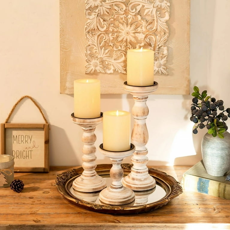 Candle Holder Set Turned Wood Silhouette Whitewashed Pillar Holders