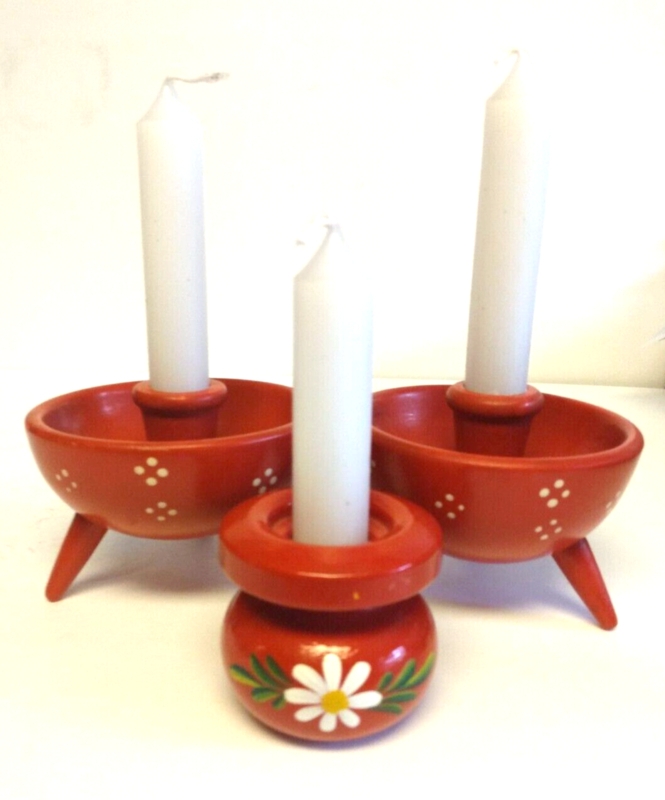 Candle Holder Set Vintage Red Wood Turned Tiered Folk Art