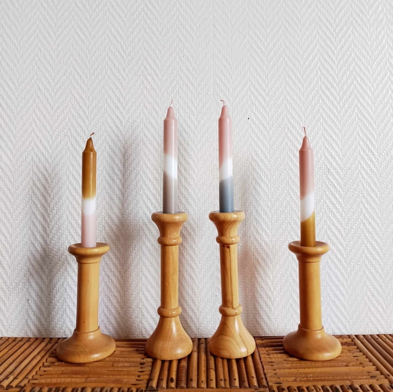 Candle Holder Set Walnut Wood Coil Sculptural Spiral Dark