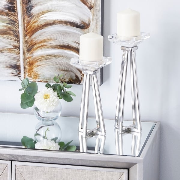 Candle Holder Set White Faceted Metal Hourglass Geometric Pair