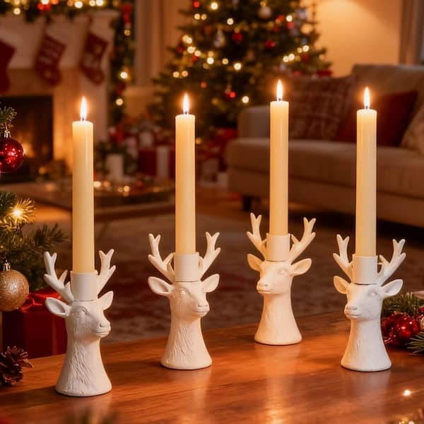 Candle Holder Set White Resin Reindeer Varying Poses Matte Finish