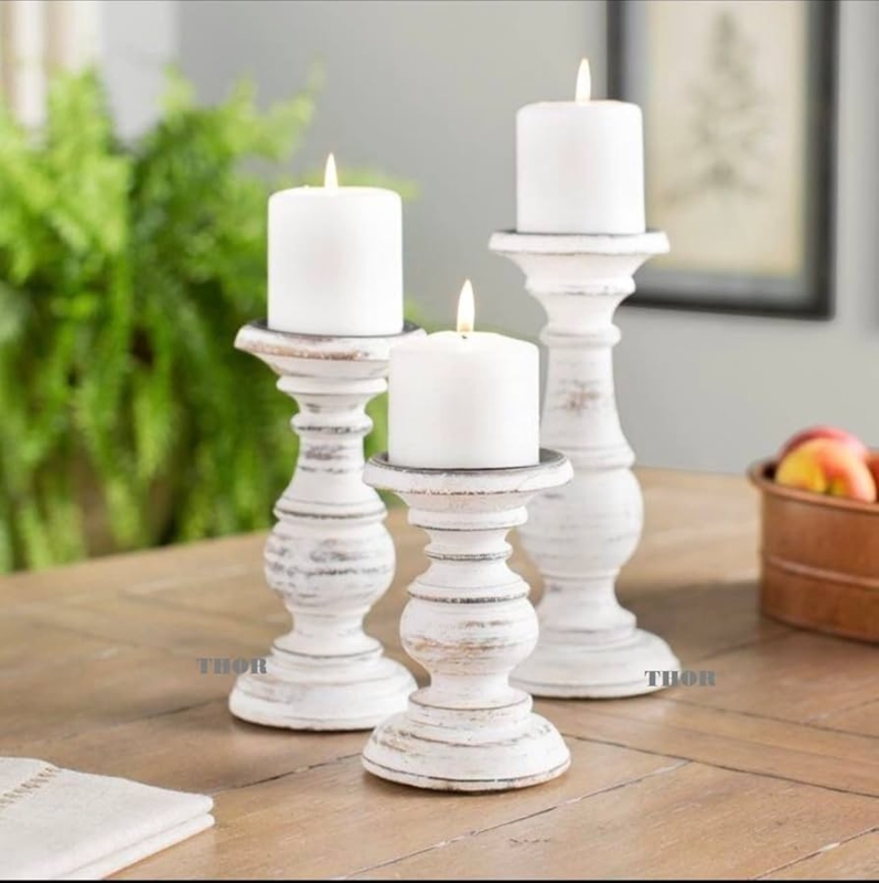 Candle Holder Set Whitewashed Turned Wood for Farmhouse Mantel Decor