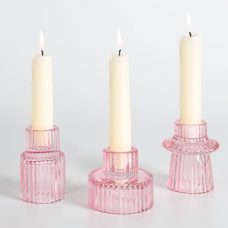 Candle Holder Set with Fluted Ribbed Texture in Mismatched Heights
