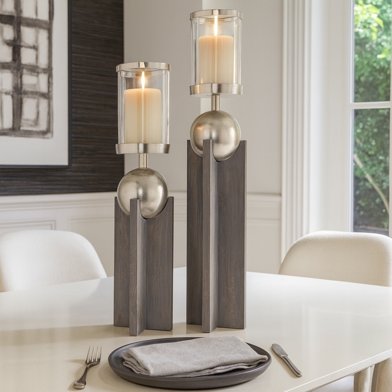 Candle Holder Set with Metal Spherical Cage and Tiered Wood Base
