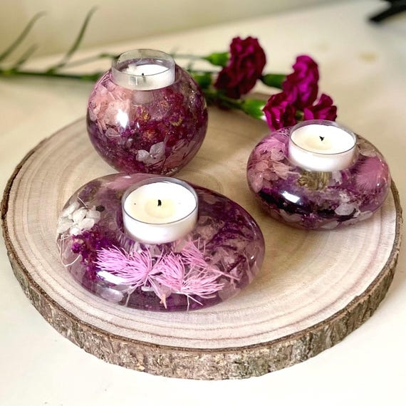 Candle Holder Set with Preserved Purple Flower Resin Botanicals