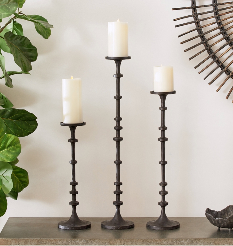 Candle Holder Set Wood Toned Stacked Spheres Abacus Design Mid Century