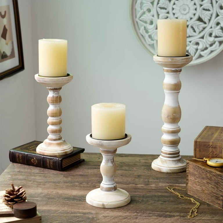 Candle Holder Shabby Chic Whitewashed Turned Wood Farmhouse Set
