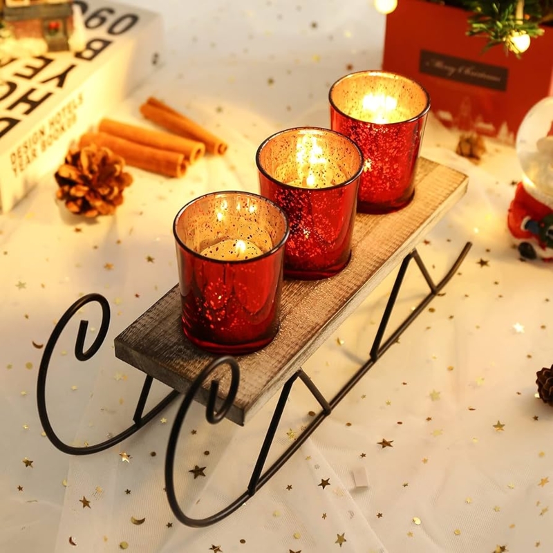 Candle Holder Sled Shape, Red Mercury Glass Votive Cups.
