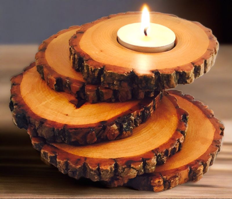 Candle Holder Spiral Tiered Design Live Edge Bark Tea Light Display