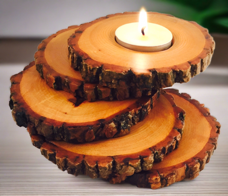 Candle Holder Spiral Tiered Design Natural Bark Edge Log Slice