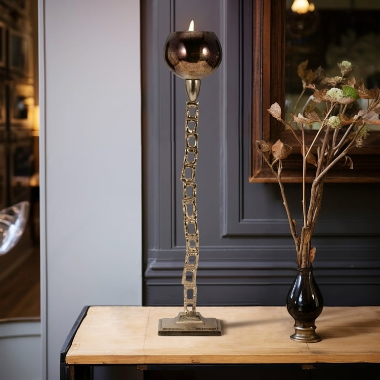 Candle Holder: Square Chain Link Stem with Glass Globe Cup