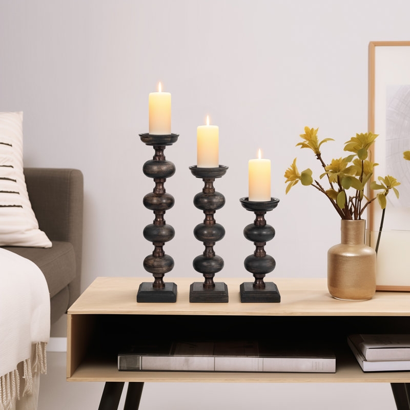 Candle Holder Stacked Wood Sculptural Set with Gold Accent