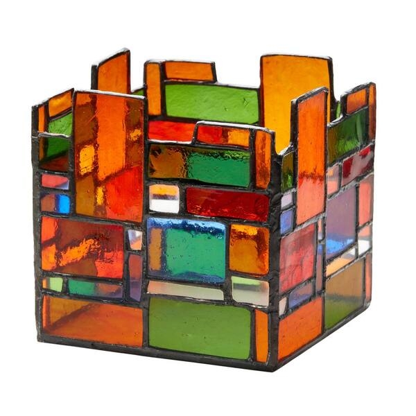 Candle Holder Stained Glass Geometric Rectangles Cube Shape
