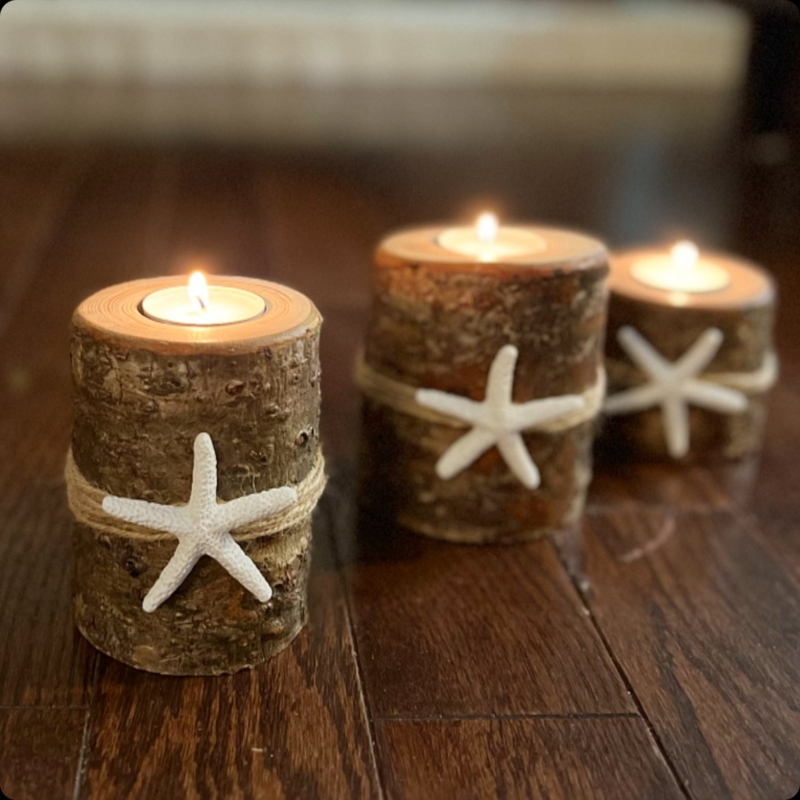 Candle Holder Starfish Motif Raw Wood Texture Rustic Tealight Set