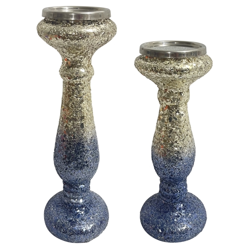 Candle Holder: Tall Slender Silhouette, Blue Crackled Glass & Silver