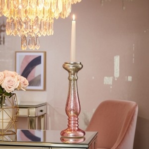 Candle Holder Tall Translucent Pink Crackled Glass Turned Pillar Stand