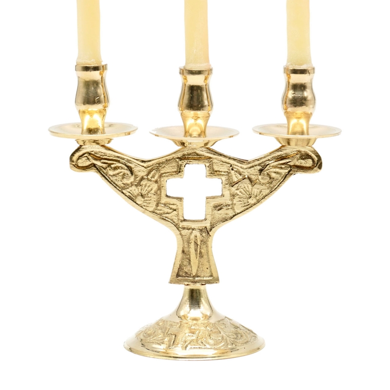 Candle Holder Three Arm Design with Cross Motif Brass Finish