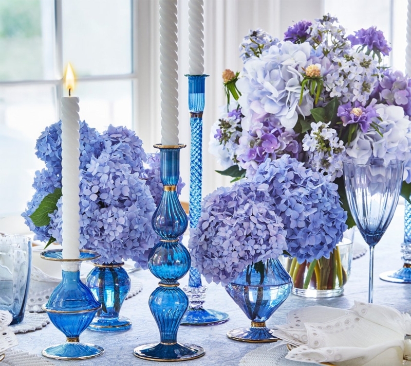 Candle Holder Translucent Blue Glass Ripple Texture Modern Coastal