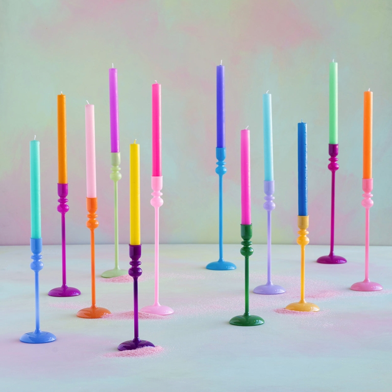 Candle Holder Translucent Candy Colored Glass Stacked Bobbin