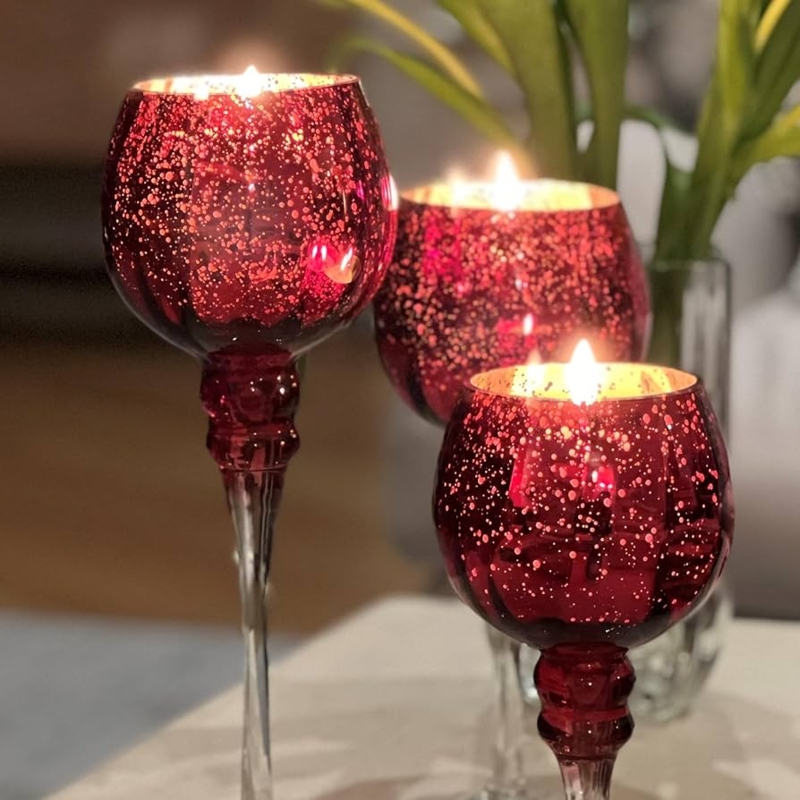 Candle Holder Trio, Long Stem Goblet Red Lacquered Glass
