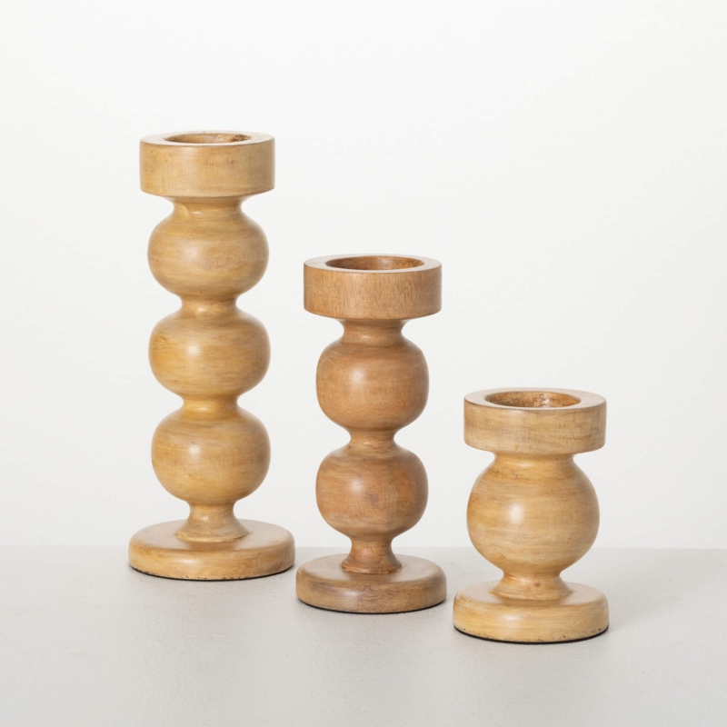 Candle Holder Trio: Matte Wood Turned Spindles with Natural Grain Finish