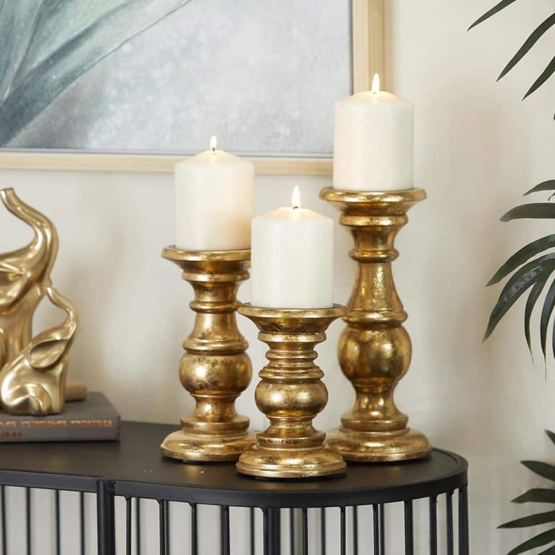 Candle Holder Trio, Staggered Metallic Pillar Set with Tiered Base.