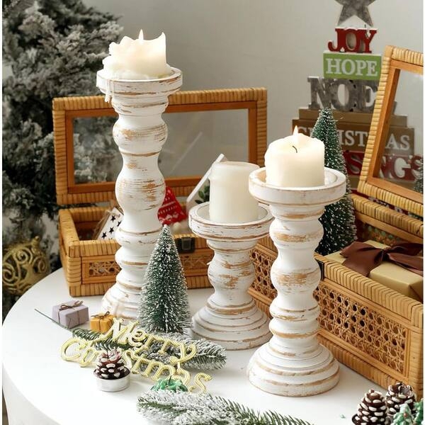 Candle Holder Trio, Weathered Distressed Finish, Turned Silhouette
