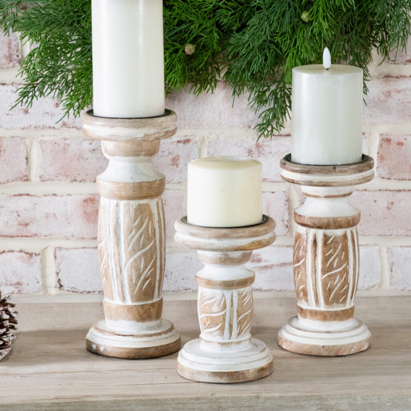 Candle Holder Trio Whitewashed Spindle Shape Rustic Farmhouse Decor