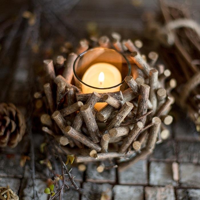 Candle Holder Triple Candle Cups Rough Hewn Texture Rustic Beam