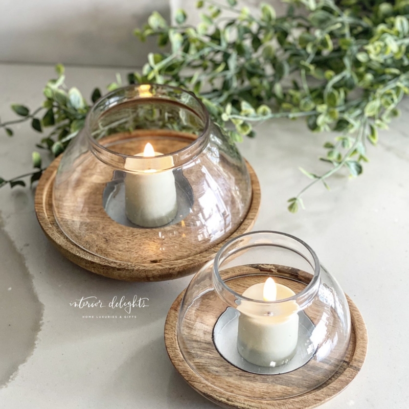 Candle Holder Turned Wood Base Clear Hurricane Glass Rustic Set