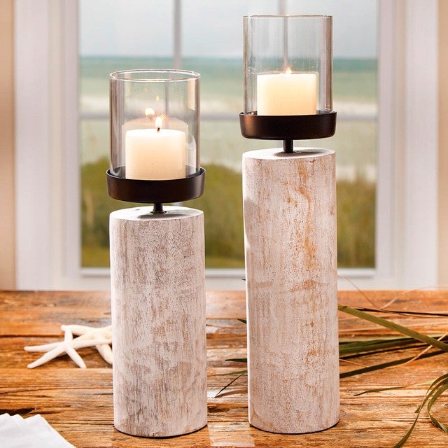 Candle Holder Turned Wood Whitewashed Distressed Finish Pedestal Base Set
