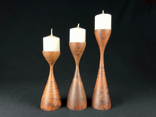 Candle Holder Walnut Brown Tapered Silhouette Graduated Heights Set