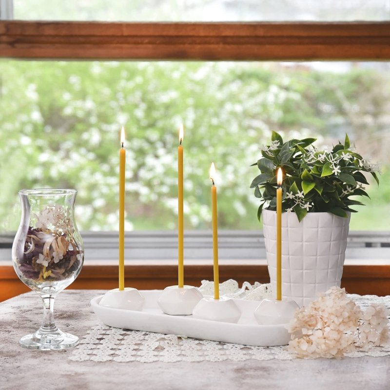 Candle Holder White Matte Ceramic Low Profile Geometric Form Scandinavian