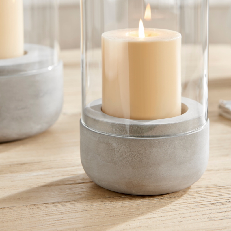 Candle Holder with Industrial Grey Cement Base and Pitted Texture