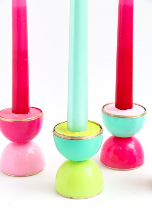 Candle Holder Wood Toned Cylindrical with Vibrant Geometric Color Block