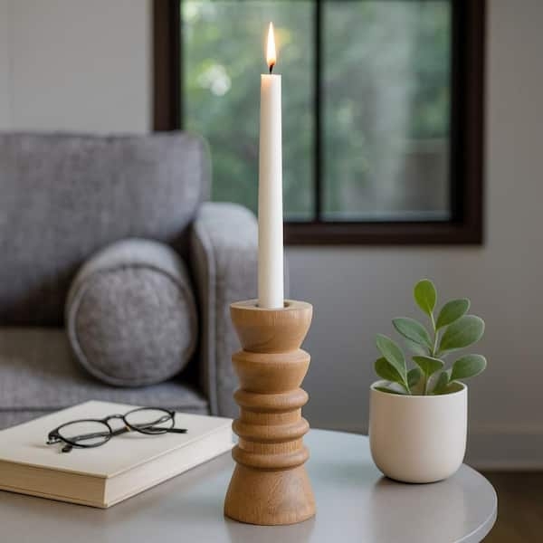 Candle Holder, Wood Totem Silhouette, Stacked Bead Design, Whitewashed.