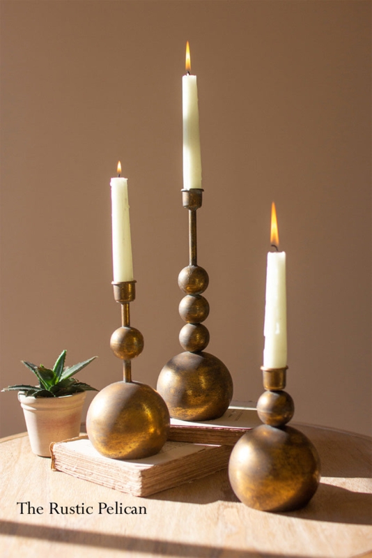 Candle Holders Brushed Brass Taper Set of Three, Elegant Mantel Decor