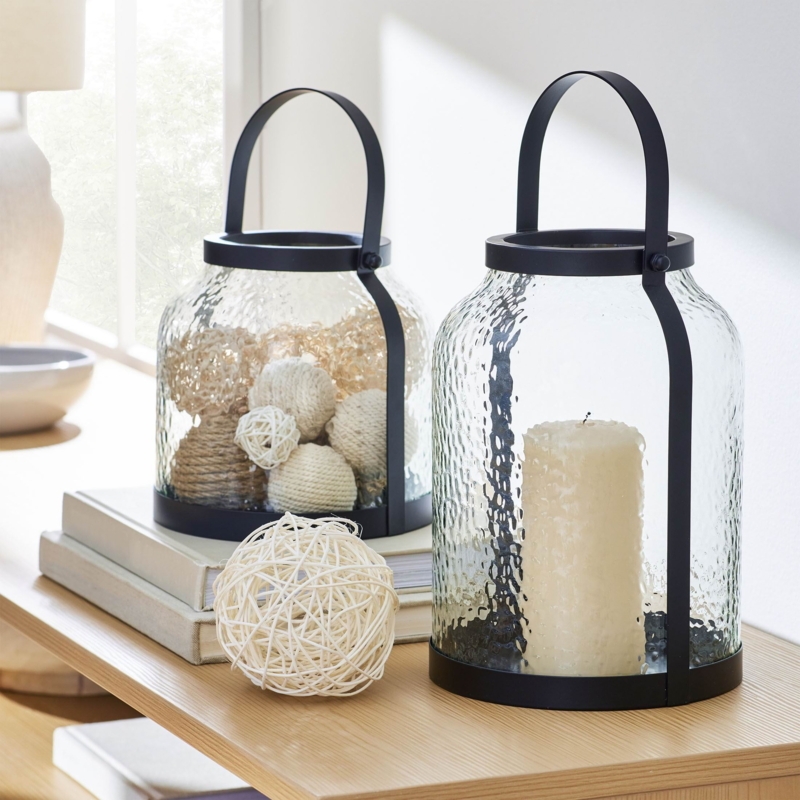 Candle Lantern Hammered Glass Matte Black Metal Patio Lighting