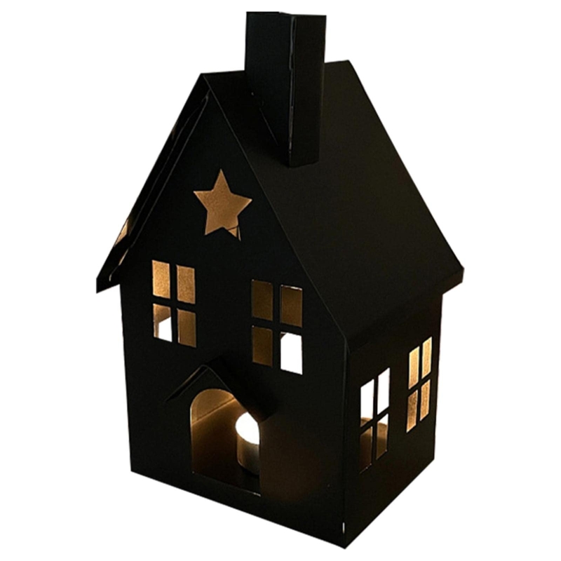 Candle Lantern Matte Black Metal House Silhouette Scandinavian Style